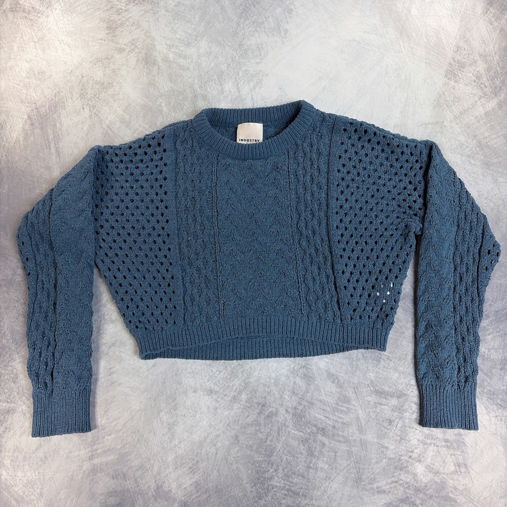 Industry Sweater Womens XS Blue Cable Knit Pointelle Cropped Long Sleeve Top